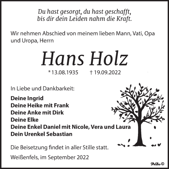 Traueranzeige von Hans Holz von Trauerkombi Weißenfels