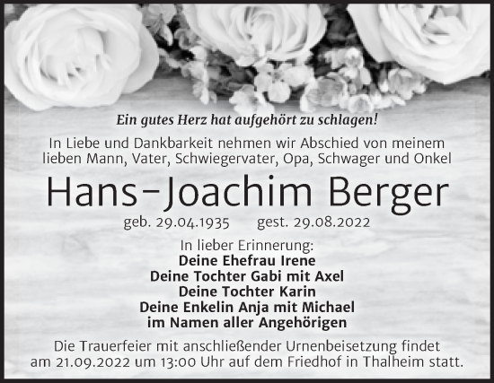 Traueranzeige von Hans-Joachim Berger von Trauerkombi Bitterfeld