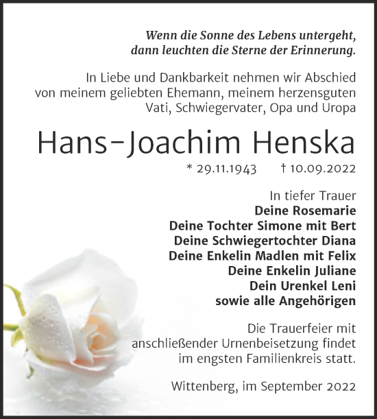 Traueranzeige von Hans-Joachim Henska von Trauerkombi Wittenberg