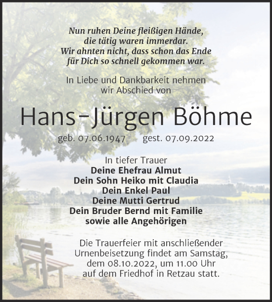 Traueranzeige von Hans-Jürgen Böhme von Trauerkombi Bitterfeld