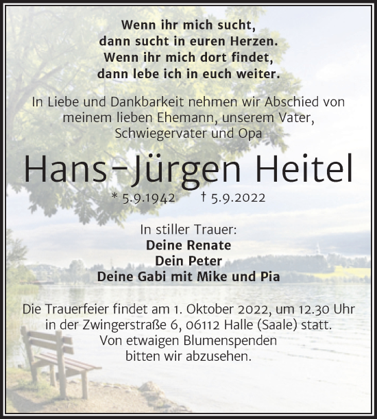 Traueranzeige von Hans-Jürgen Heitel von Mitteldeutsche Zeitung Halle/Saalkreis