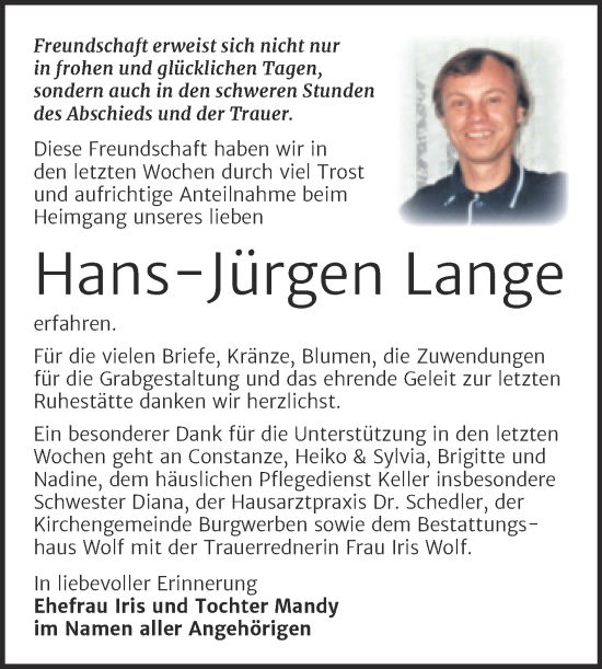 Traueranzeige von Hans-Jürgen Lange von Trauerkombi Weißenfels