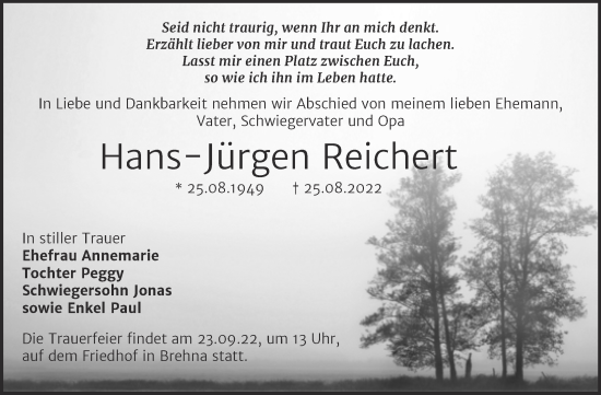 Traueranzeige von Hans-Jürgen Reichert von Trauerkombi Bitterfeld