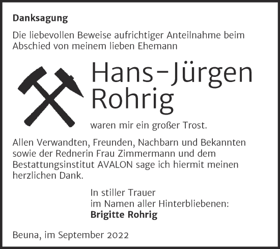 Traueranzeige von Hans-Jürgen Rohrig von Trauerkombi Merseburg