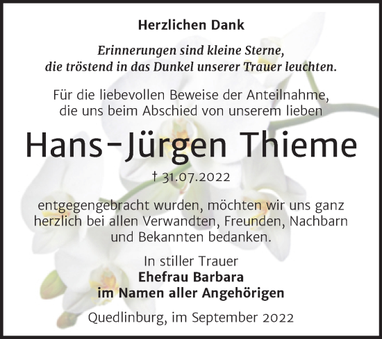 Traueranzeige von Hans-Jürgen Thieme von Trauerkombi Quedlinburg