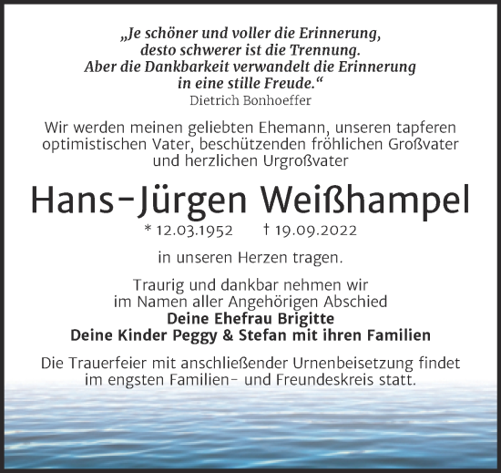 Traueranzeige von Hans-Jürgen Weißhampel von Mitteldeutsche Zeitung Merseburg/Querfurt