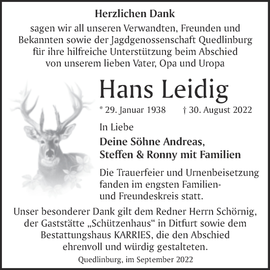 Traueranzeige von Hans Leidig von Trauerkombi Quedlinburg
