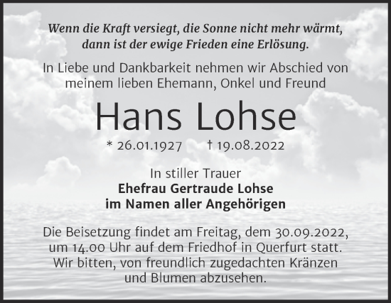 Traueranzeige von Hans Lohse von Trauerkombi Merseburg