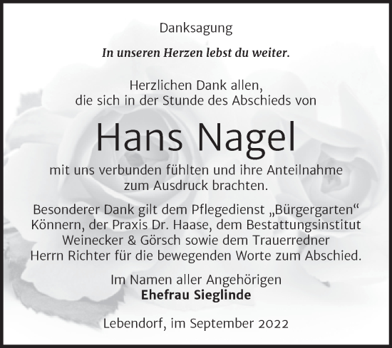 Traueranzeige von Hans Nagel von Trauerkombi Bernburg