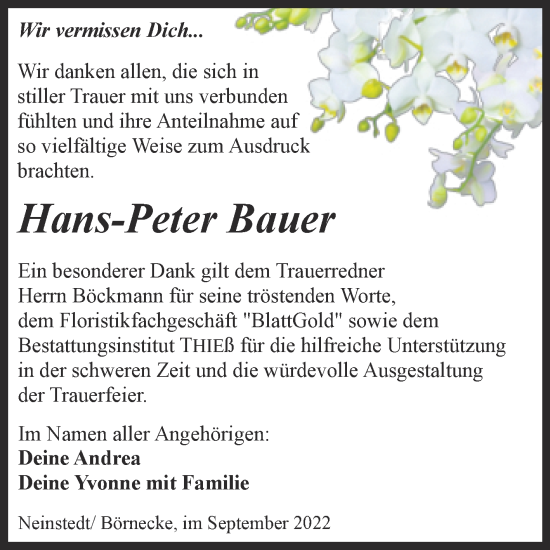 Traueranzeige von Hans-Peter Bauer von Trauerkombi Quedlinburg