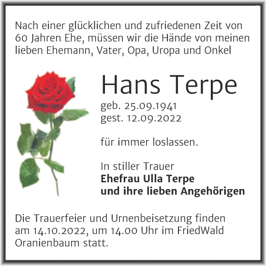 Traueranzeige von Hans Terpe von Trauerkombi Dessau