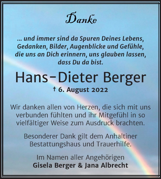 Traueranzeige von Hans Dieter Berger von Trauerkombi Dessau