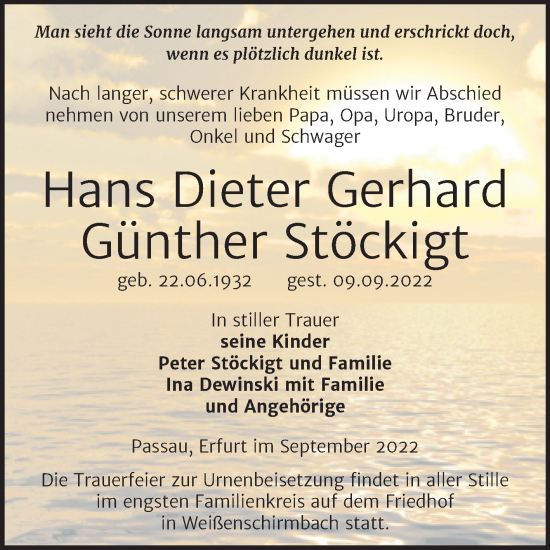 Traueranzeige von Hans Dieter Gerhard Günther Stöckigt von Trauerkombi Merseburg