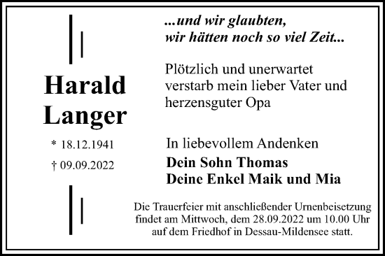 Traueranzeige von Harald Langer von Trauerkombi Dessau