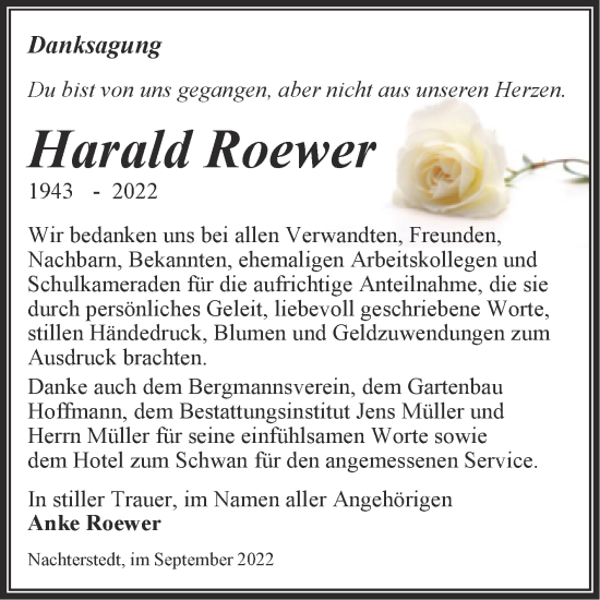 Traueranzeige von Harald Roewer von Trauerkombi Aschersleben