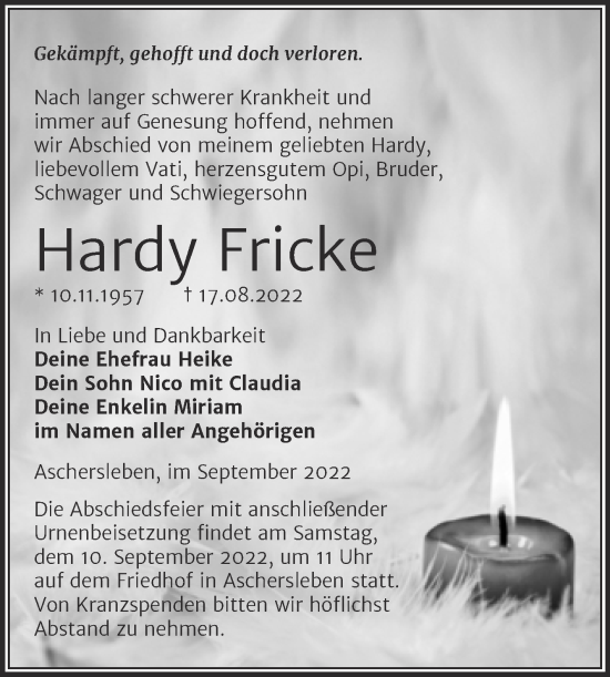 Traueranzeige von Hardy Fricke von Trauerkombi Aschersleben