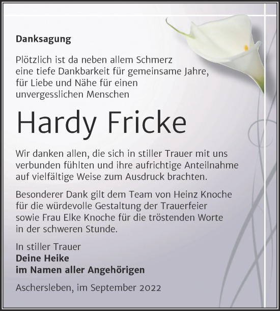 Traueranzeige von Hardy Fricke von Trauerkombi Aschersleben