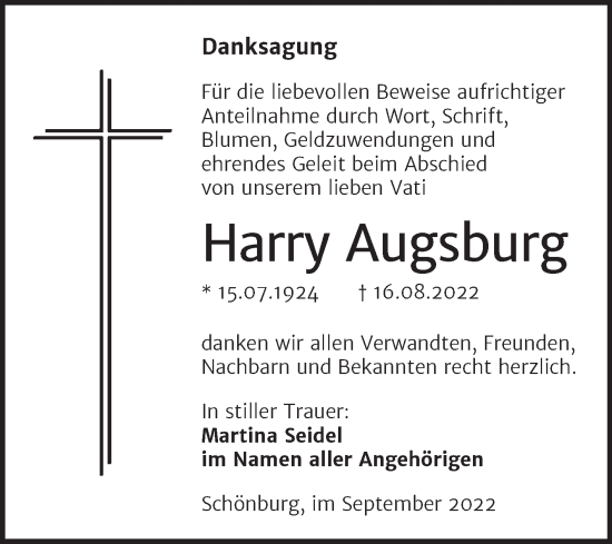 Traueranzeige von Harry Augsburg von Naumburger Tageblatt