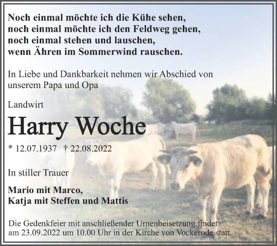 Traueranzeige von Harry Woche von Trauerkombi Wittenberg