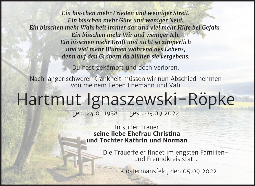  Traueranzeige für Hartmut Ignaszewski-Röpke vom 10.09.2022 aus Trauerkombi Mansfelder Land