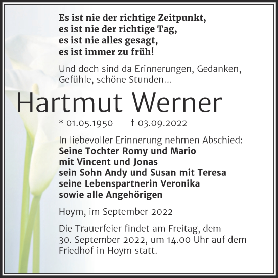 Traueranzeige von Hartmut Werner von Trauerkombi Aschersleben