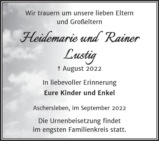 Traueranzeige von Heidemarie und Rainer Lustig von Trauerkombi Aschersleben
