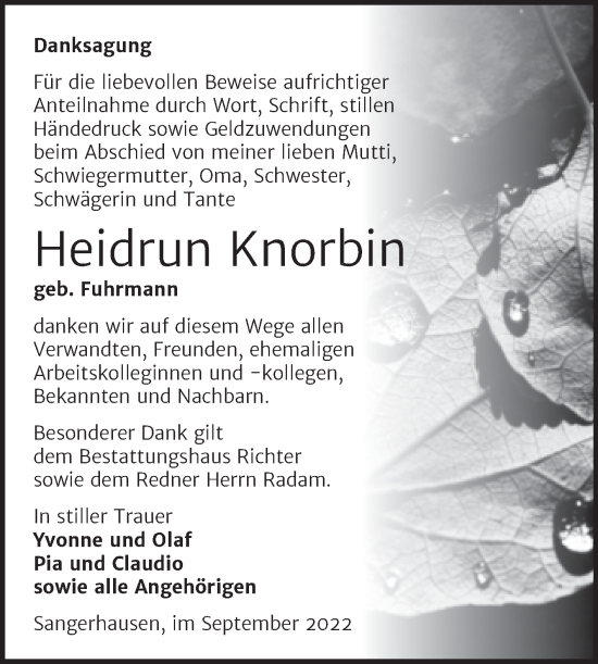 Traueranzeige von Heidrun Knorbin von Trauerkombi Sangerhausen