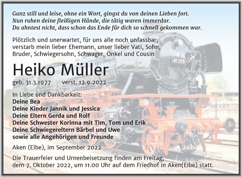  Traueranzeige für Heiko Müller vom 17.09.2022 aus Trauerkombi Köthen