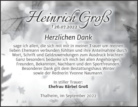 Traueranzeige von Heinrich Groß von Trauerkombi Bitterfeld