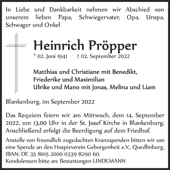 Traueranzeige von Heinrich Pröpper von Trauerkombi Quedlinburg