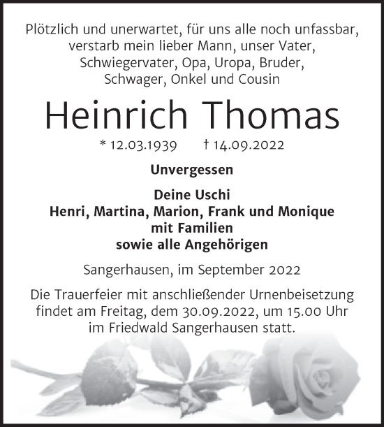 Traueranzeige von Heinrich Thomas von Trauerkombi Sangerhausen