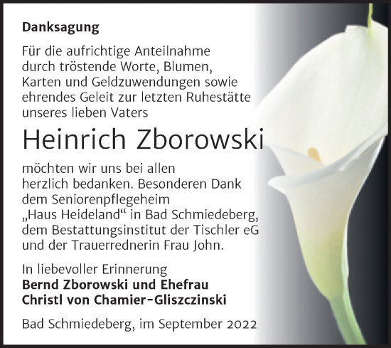 Traueranzeige von Heinrich Zborowski von Trauerkombi Wittenberg