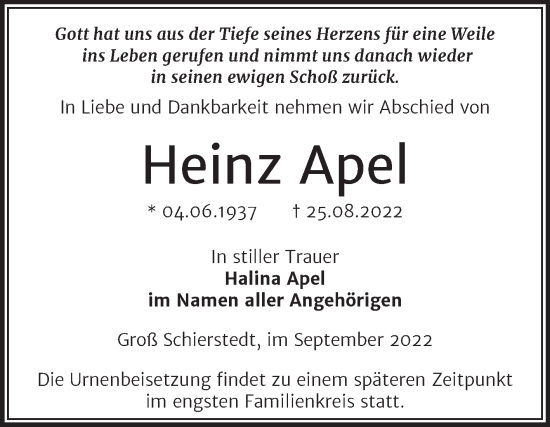 Traueranzeige von Heinz Apel von Trauerkombi Aschersleben