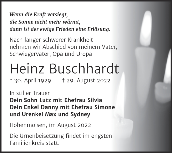 Traueranzeige von Heinz Buschhardt von Trauerkombi Weißenfels