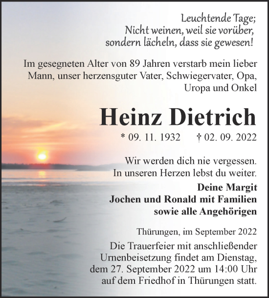 Traueranzeige von Heinz Dietrich von Trauerkombi Sangerhausen