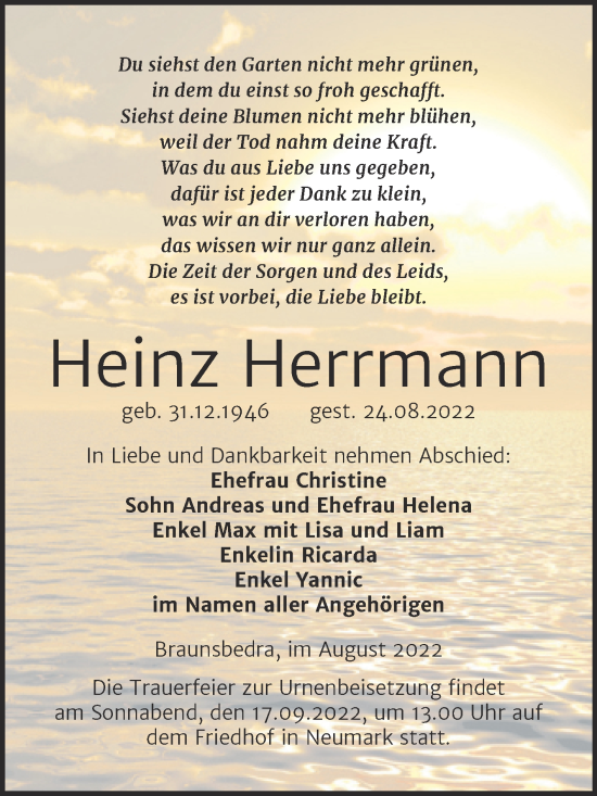 Traueranzeige von Heinz Herrmann von Trauerkombi Merseburg