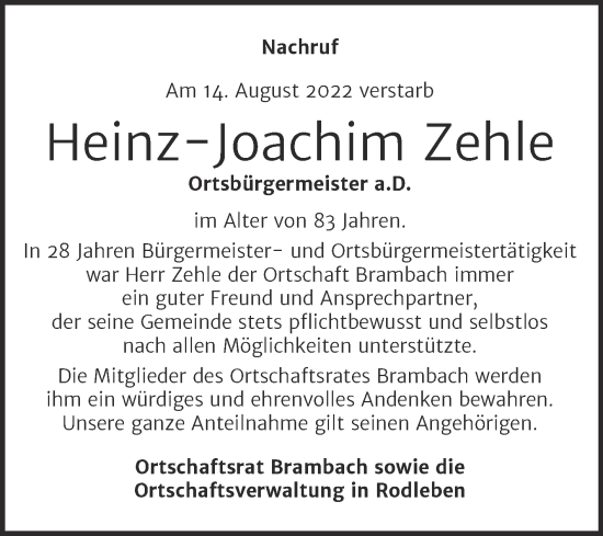 Traueranzeige von Heinz-Joachim Zehle von Super Sonntag Dessau-Roßlau