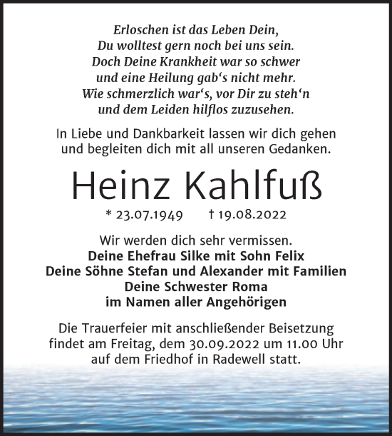 Traueranzeige von Heinz Kahlfuß von Mitteldeutsche Zeitung Halle/Saalkreis