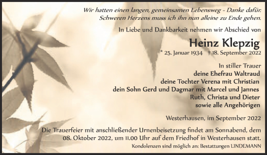 Traueranzeige von Heinz Klepzig von Trauerkombi Quedlinburg