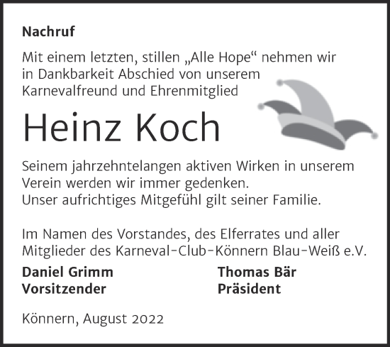 Traueranzeige von Heinz Koch von Super Sonntag Bernburg