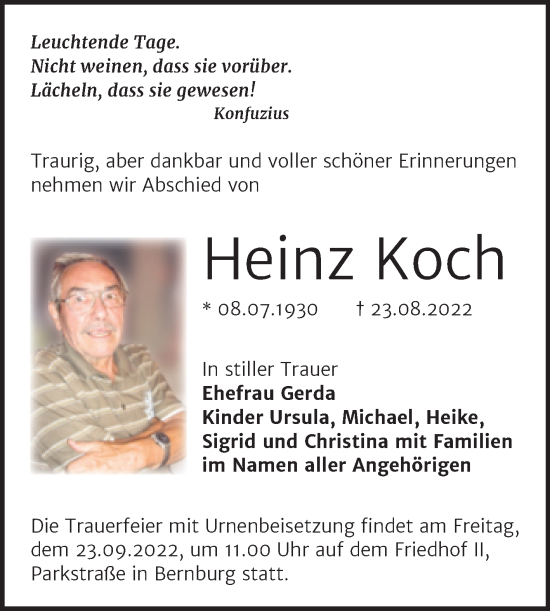 Traueranzeige von Heinz Koch von Trauerkombi Bernburg