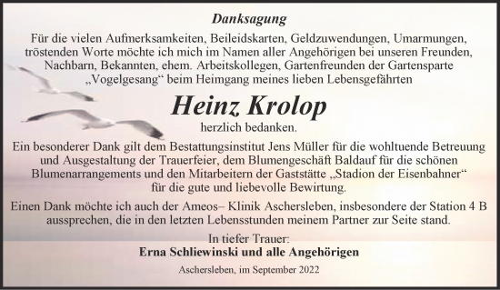 Traueranzeige von Heinz Krolop von Trauerkombi Aschersleben