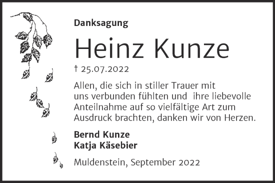 Traueranzeige von Heinz Kunze von Trauerkombi Bitterfeld