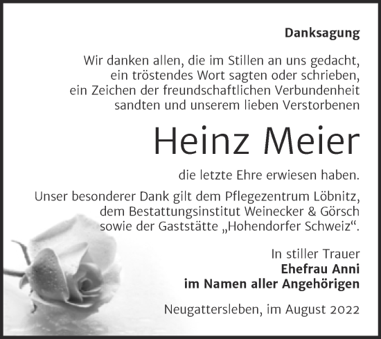 Traueranzeige von Heinz Meier von Trauerkombi Bernburg