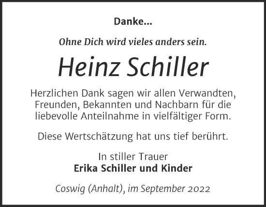 Traueranzeige von Heinz Schiller von Trauerkombi Wittenberg