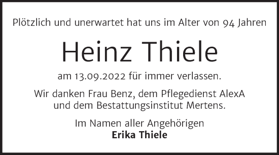Traueranzeige von Heinz Thiele von Wochenspiegel Naumburg/Nebra