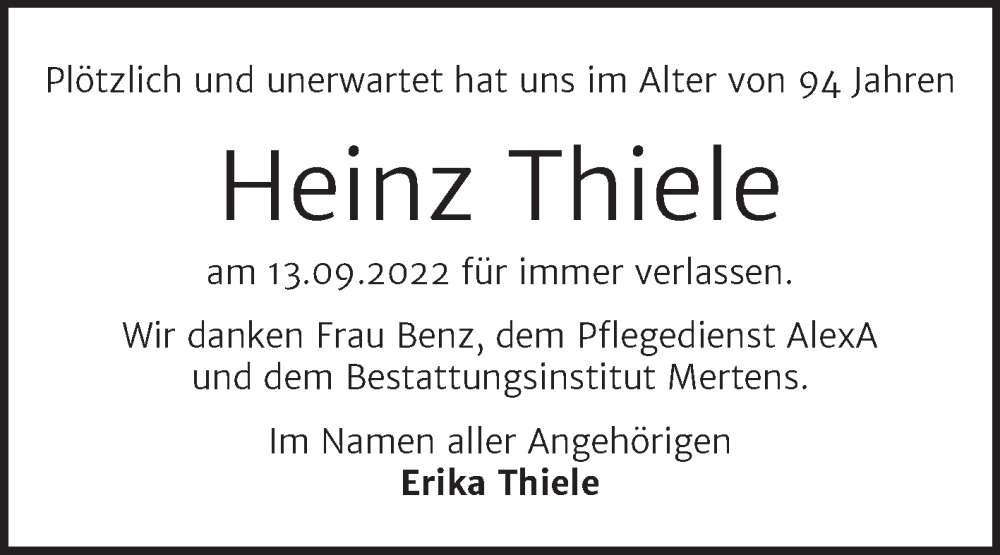  Traueranzeige für Heinz Thiele vom 21.09.2022 aus Wochenspiegel Naumburg/Nebra