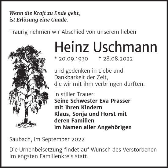 Traueranzeige von Heinz Uschmann von Wochenspiegel Naumburg/Nebra