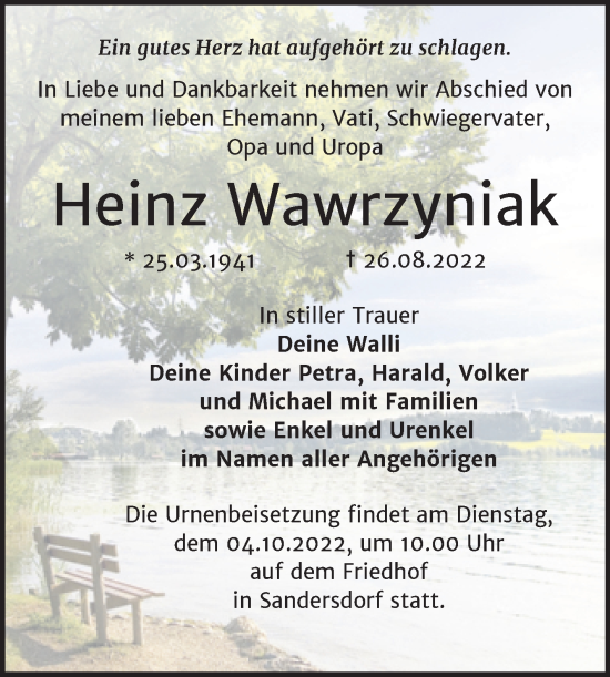Traueranzeige von Heinz Wawrzyniak von Trauerkombi Bitterfeld