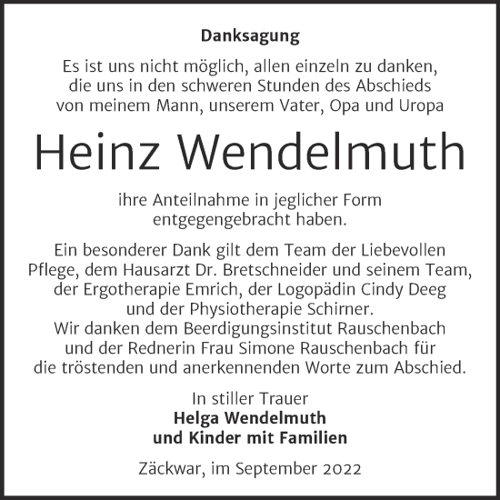 Traueranzeige von Heinz Wendelmuth von Wochenspiegel Naumburg/Nebra
